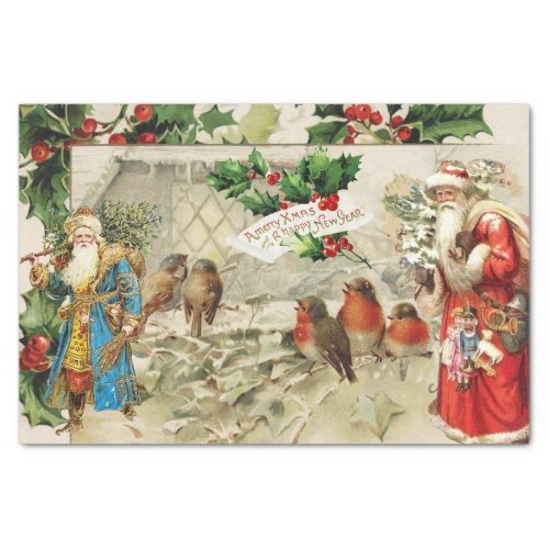 Vintage Santa Holly Berry and Birds Collage  Tissue Paper