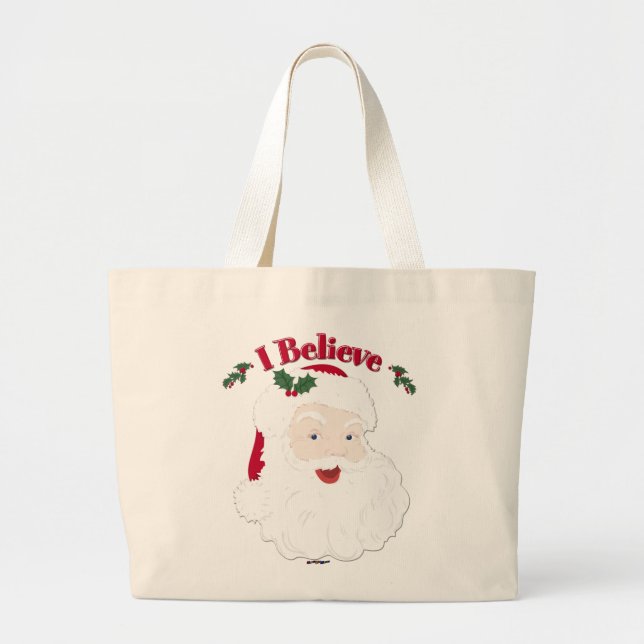 Vintage Santa I Believe Christmas Large Tote Bag (Front)