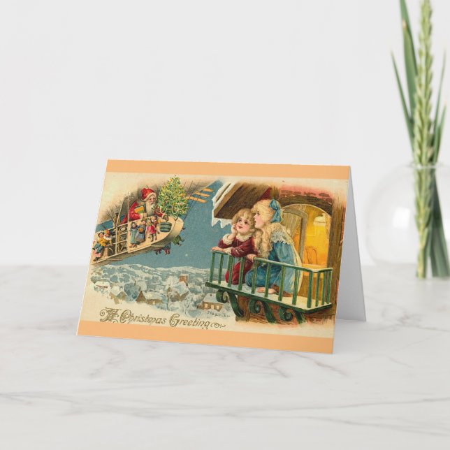 Vintage Santa In Airplane Air Balloon Holiday Card (Front)