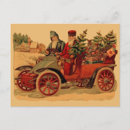 Vintage Santa in automobile Holiday Postcard