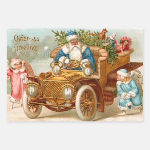 Vintage Santa in Gold Car and Christmas Angels  Wrapping Paper Sheets