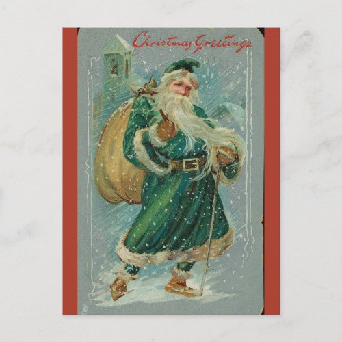 Vintage Santa in Green Christmas  Postcard