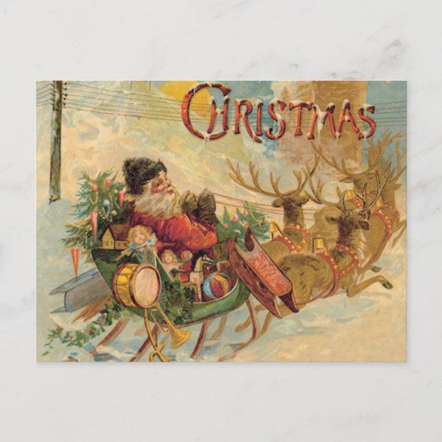 Vintage Santa in his reindeer sleigh Holiday Postcard (Front)