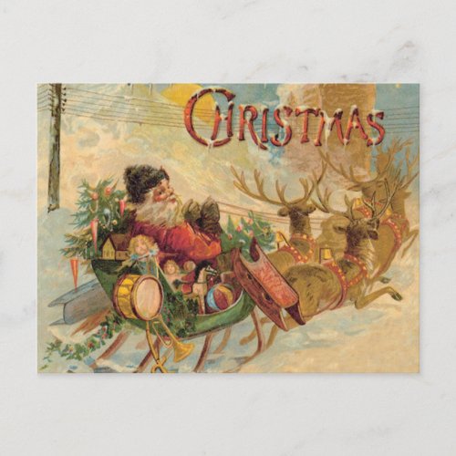 Vintage Santa in his reindeer sleigh Holiday Postcard
