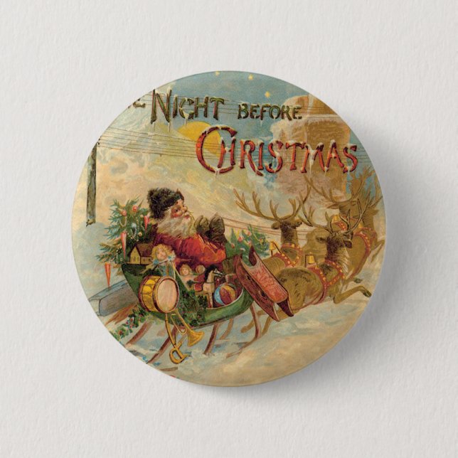 Vintage Santa in his reindeer sleigh Pinback Button (Front)