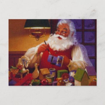 Vintage Santa In His Workshop Holiday Postcard by xmasstore at Zazzle
