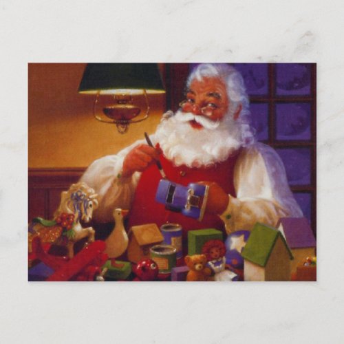 Vintage Santa in His Workshop Holiday Postcard