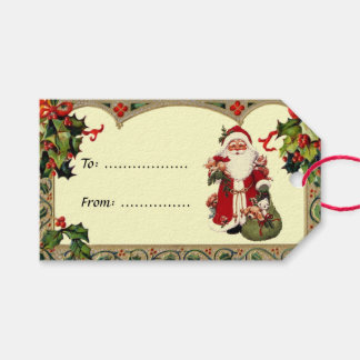 Vintage Santa in Holly Frame Gift Tag
