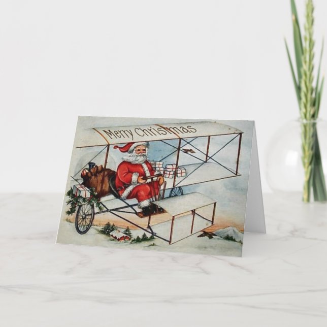 Vintage Santa in Plane Christmas Card (Front)