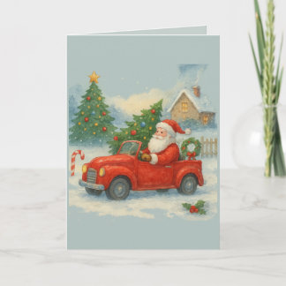 Vintage Santa in Red Car Christmas Watercolor Card