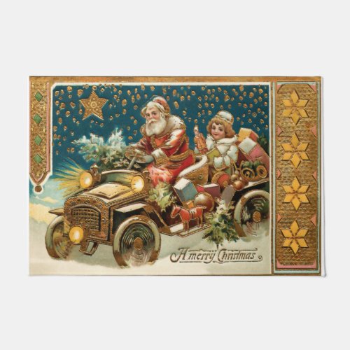 Vintage Santa in Roadster wGold Highlights Doormat