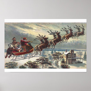 Vintage Santa in Sleigh Flying Poster