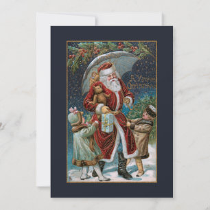 Vintage Santa in Snow with Children & Umbrella Holiday Card