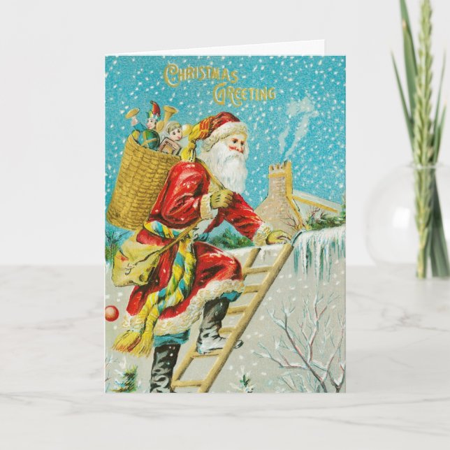 Vintage Santa is on the Roof Christmas Card (Front)