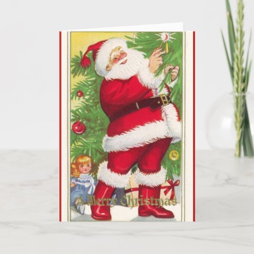 Vintage Santa Lighting Tree Christmas Card