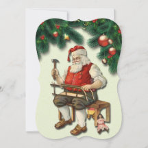 Vintage Santa Making Toys Chriatmas Flat Card