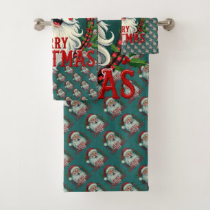 Vintage Santa Merry Christmas Illustration Patten Bath Towel Set