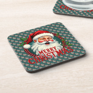 Vintage Santa Merry Christmas Illustration Patten Beverage Coaster