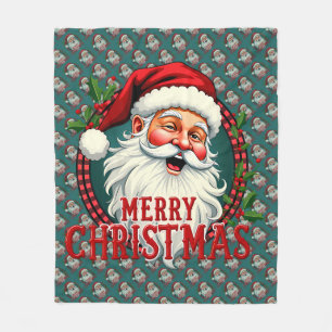 Vintage Santa Merry Christmas Illustration Patten Fleece Blanket
