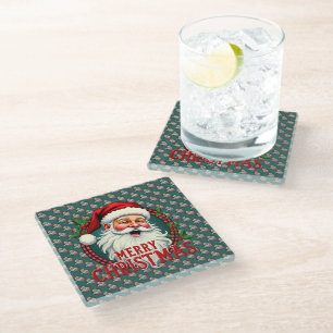 Vintage Santa Merry Christmas Illustration Patten Glass Coaster