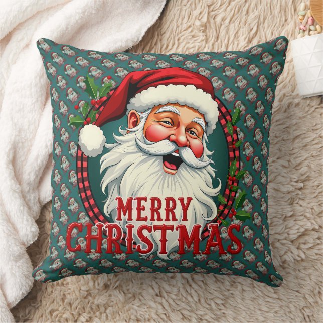 Vintage Santa Merry Christmas Illustration Patten Throw Pillow (Blanket)