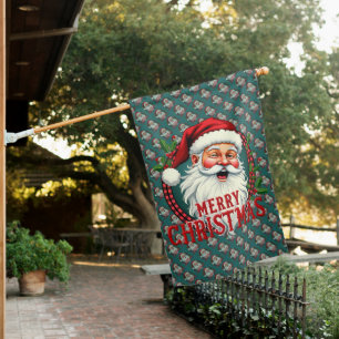 Vintage Santa Merry Christmas Illustration Pattern House Flag