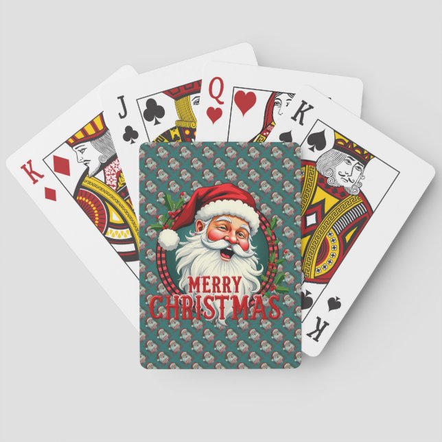 Vintage Santa Merry Christmas Illustration Pattern Poker Cards (Back)