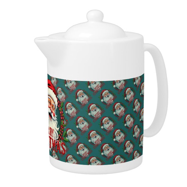Vintage Santa Merry Christmas Illustration Pattern Teapot (Right)