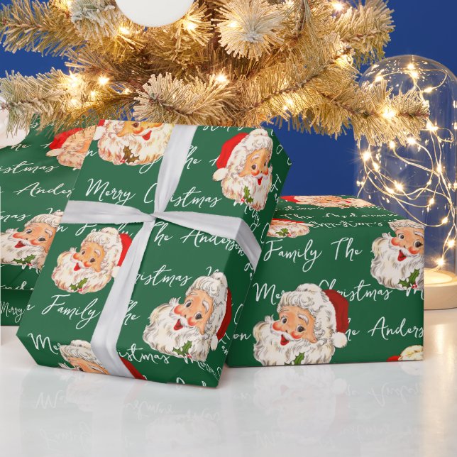 Vintage Santa Merry Christmas Name Christmas Wrapping Paper (Holidays)