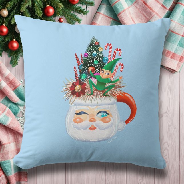 Vintage Santa Mug Light Blue Throw Pillow (Creator Uploaded)
