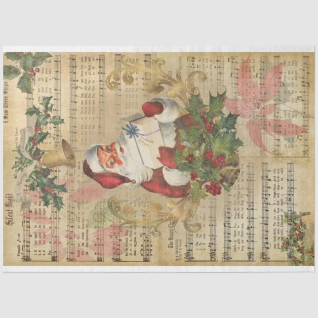 Vintage Santa Music Poinsettia Christmas Decoupage Tissue Paper (Front)