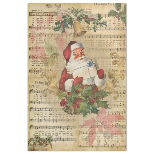Vintage Santa Music Poinsettia Christmas Decoupage Tissue Paper