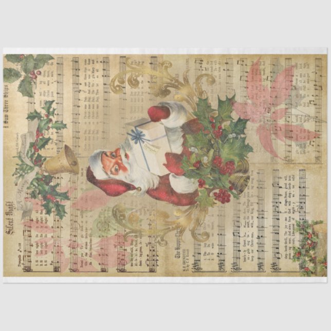 Vintage Santa Music Poinsettia Christmas Decoupage Tissue Paper (Front)