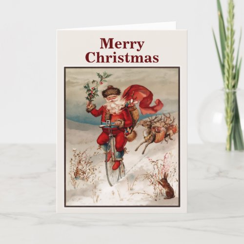 Vintage Santa on a Bicycle Holiday Card