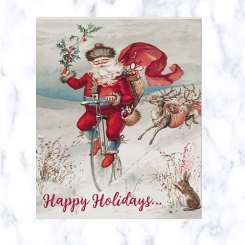 Vintage Santa on a Bike With Reindeer and Bunny Postcard