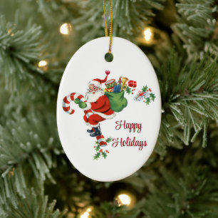 Vintage Santa On A Candy Cane Ornament