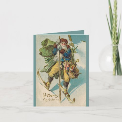 Vintage Santa on skiis greeting card