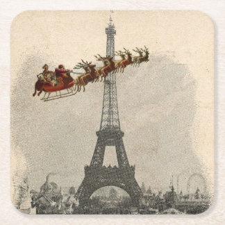 Vintage Santa over Paris Christmas Coaster