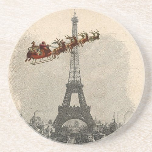 Vintage Santa over Paris Christmas Coaster