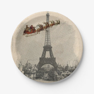 Vintage Santa over Paris Christmas Paper Plate