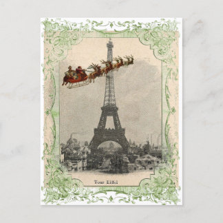 Vintage Santa over Paris Christmas Postcard