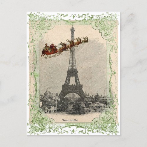 Vintage Santa over Paris Christmas Postcard