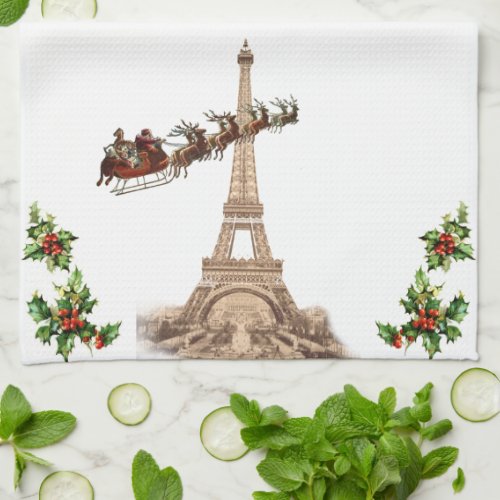 Vintage Santa over Paris Christmas Towel