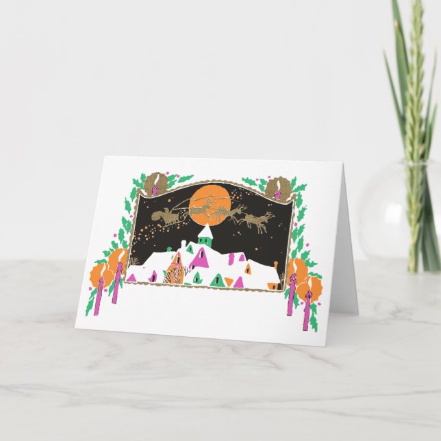 Vintage Santa Over Rooftops Holiday Card (Front)