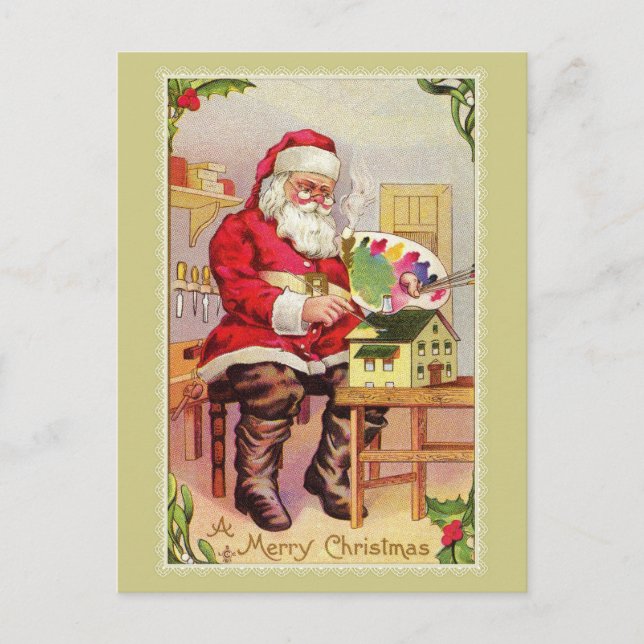 Vintage Santa painting toy house Postcard (Front)