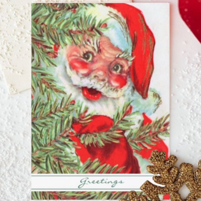 Vintage Santa Peeking From Christmas Tree   Holiday Card (Creator Uploaded)