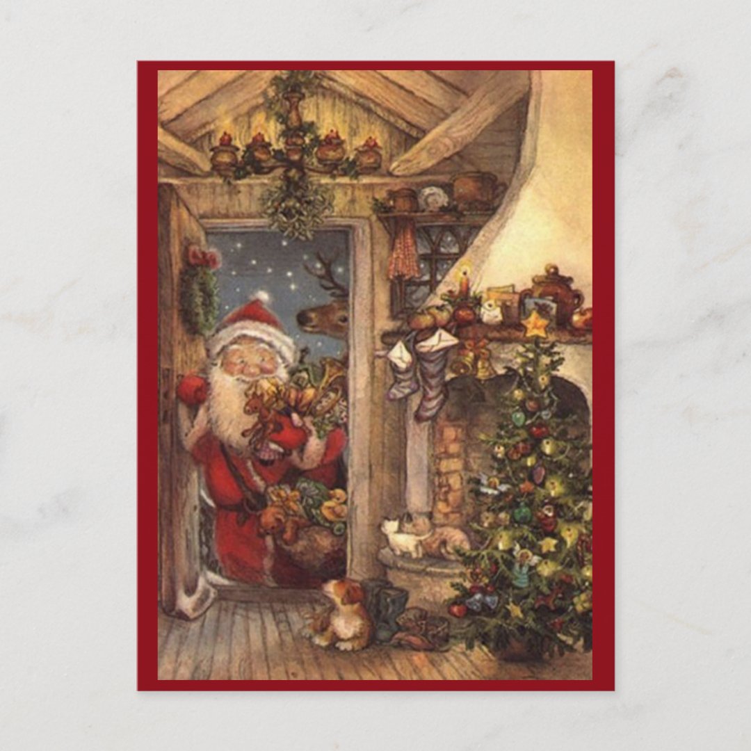 Vintage Santa Peeking In Holiday Postcard | Zazzle