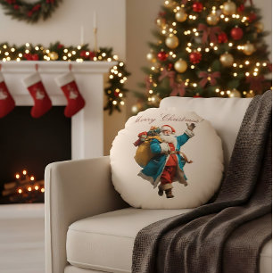 Vintage Santa Personalized Christmas Design Round Pillow