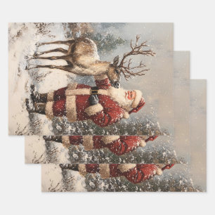 Vintage Santa Petting A Reindeer Decoupage Wrapping Paper Sheets
