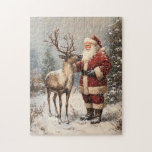 Vintage Santa Petting A Reindeer Painting Jigsaw Puzzle